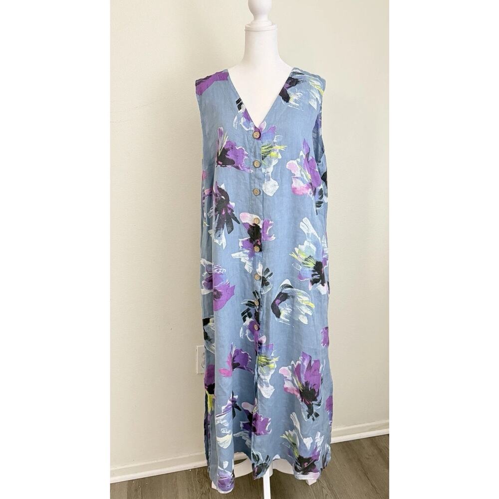 WoolOvers Dress US 10 UK 14 Midi 100% Linen Buttons Sleeveless V-Neck Floral